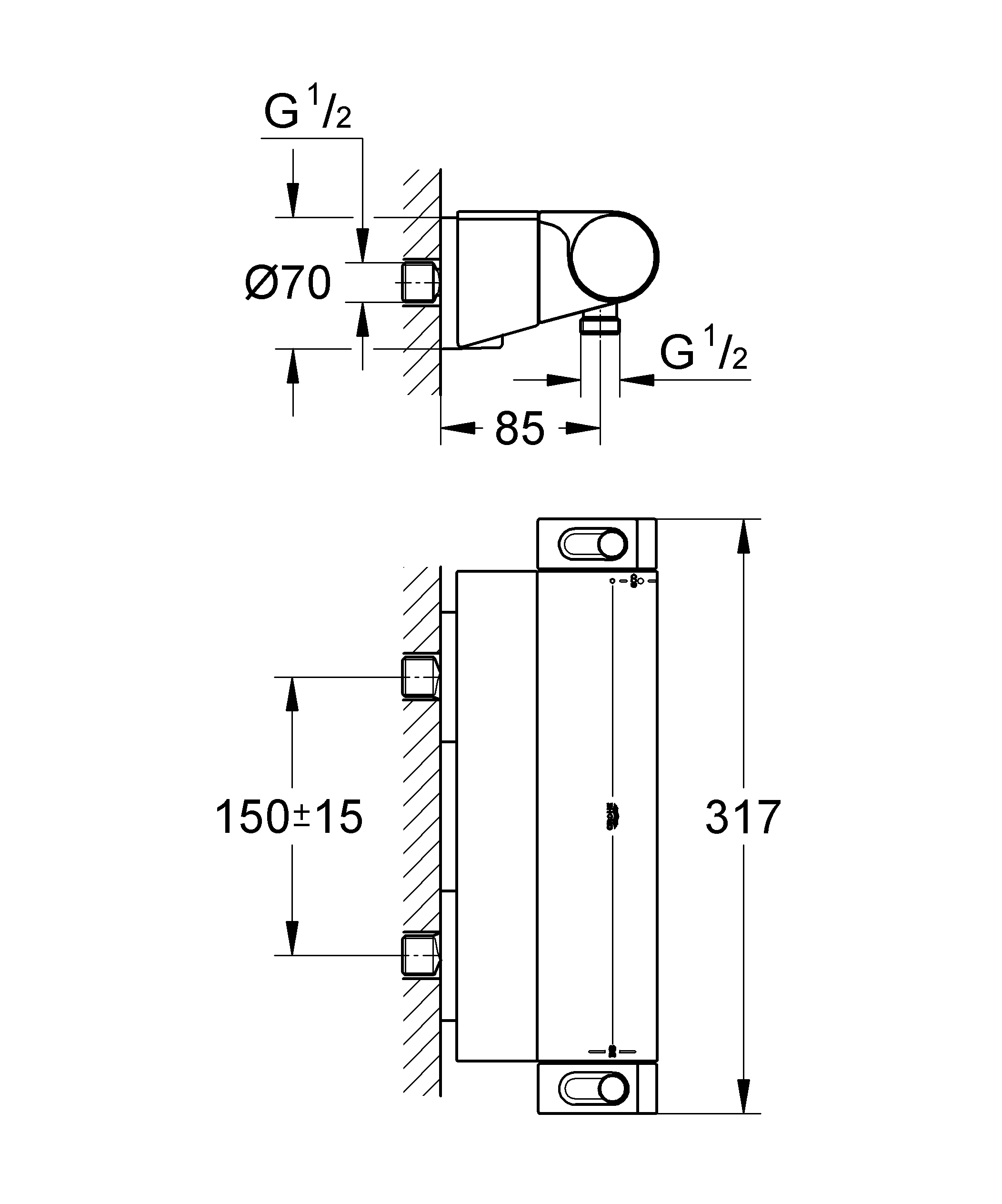 Thermostat-Brausebatterie Grohtherm 2000 34469_1, Wandmontage, mit Duschablage, eigensicher, chrom