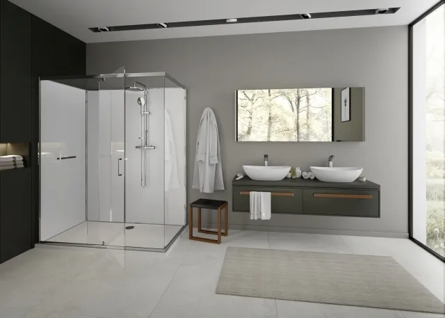 Hoesch nUnity Duschkabine Liberty Eckversion 1400x900 mit Flügeltüren und Armatur Hoesch nUnity Duschkabine Liberty Eckversion 1400x900 mit Flügeltüren und Armatur