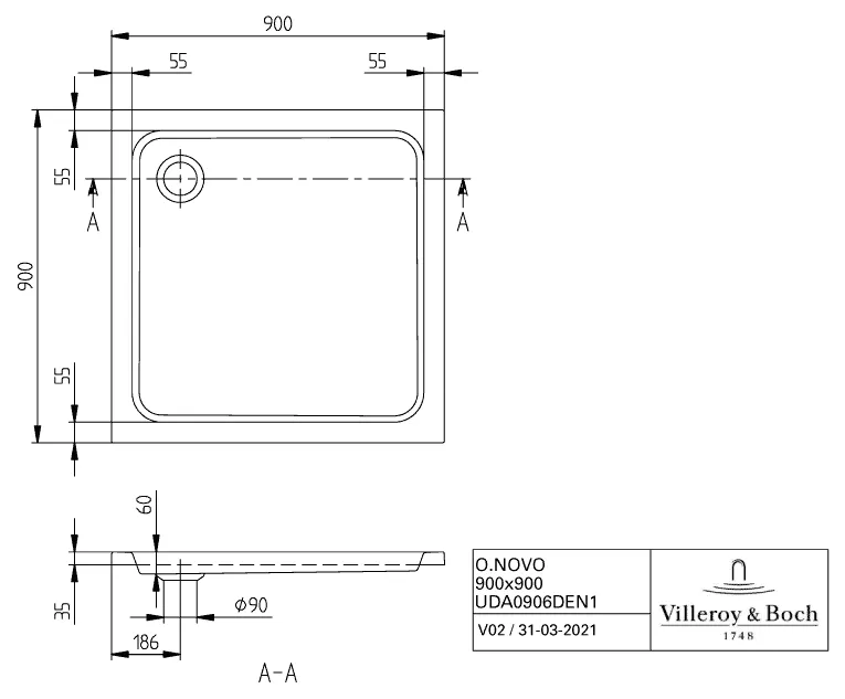 Villeroy & Boch quadrat Duschwanne „O.novo“ 90 × 90 cm ohne Oberflächenbeschichtung