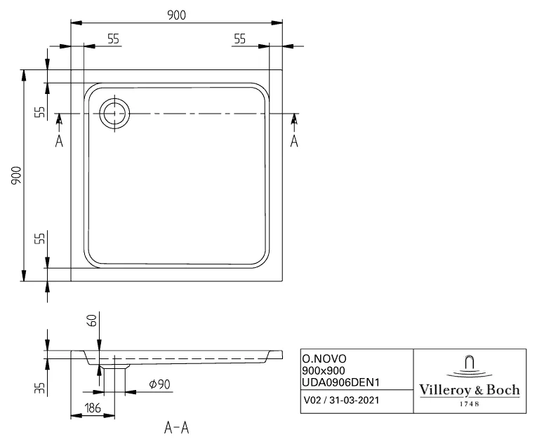 Villeroy & Boch quadrat Duschwanne „O.novo“ 90 × 90 cm mit Antirutsch (VILBOgrip), in Weiß Alpin Villeroy & Boch quadrat Duschwanne „O.novo“ 90 × 90 cm mit Antirutsch (VILBOgrip), in Weiß Alpin