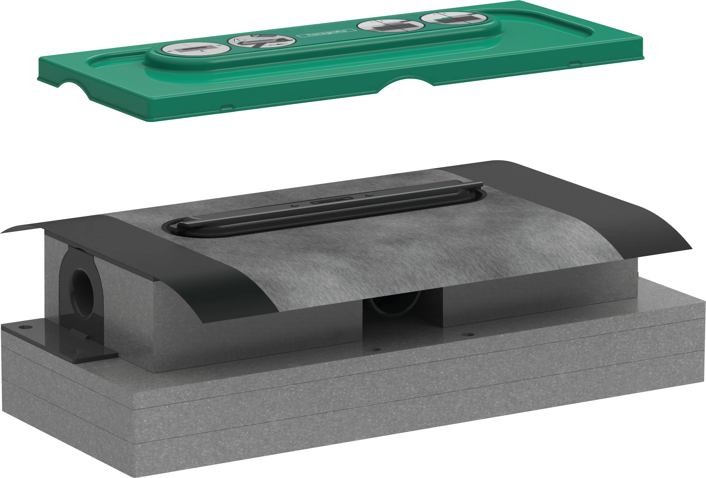 Hansgrohe uBox universal Grundkörper für Duschrinnen – Ablaufgehäuse DN40, waagerechter Auslass, 3-seitiger Anschluss, Sperrwasserscheibe 30 mm, Mindestbauhöhe 57 mm