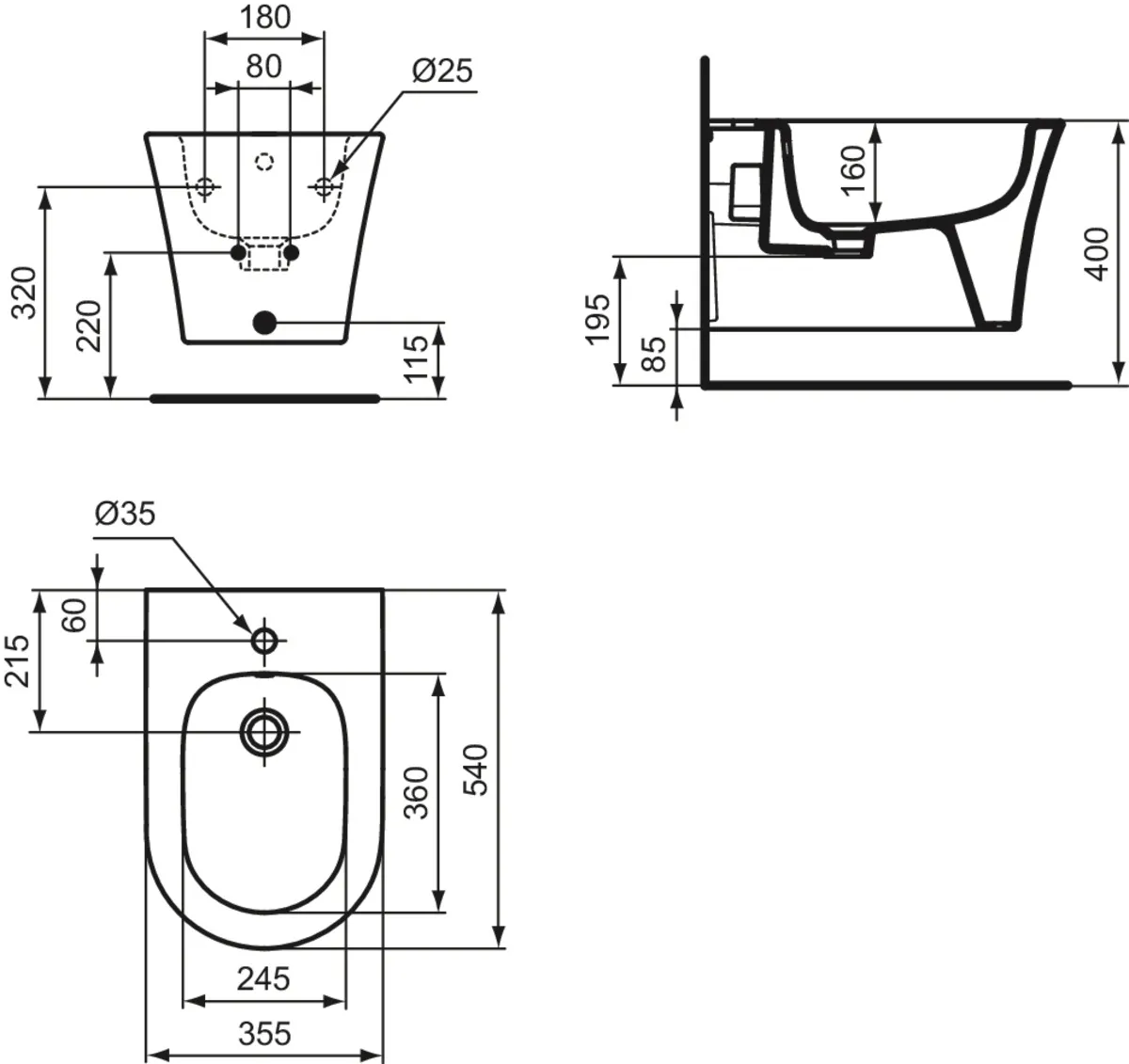 Ideal Standard Bidet „LaDolceVita“, Befestigung verdeckt 35,5 × 54 × 31,5 cm