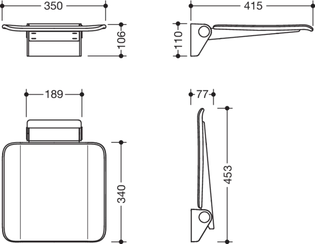 Klappsitz des Systems 900, Wandkonsole aus Edelstahl, PVD, Sitzfläche aus strukturiertem Kunststoff, weiß, Sitzfläche 350 mm breit, 340 mm tief, in Farbe CK (messing glänzend)