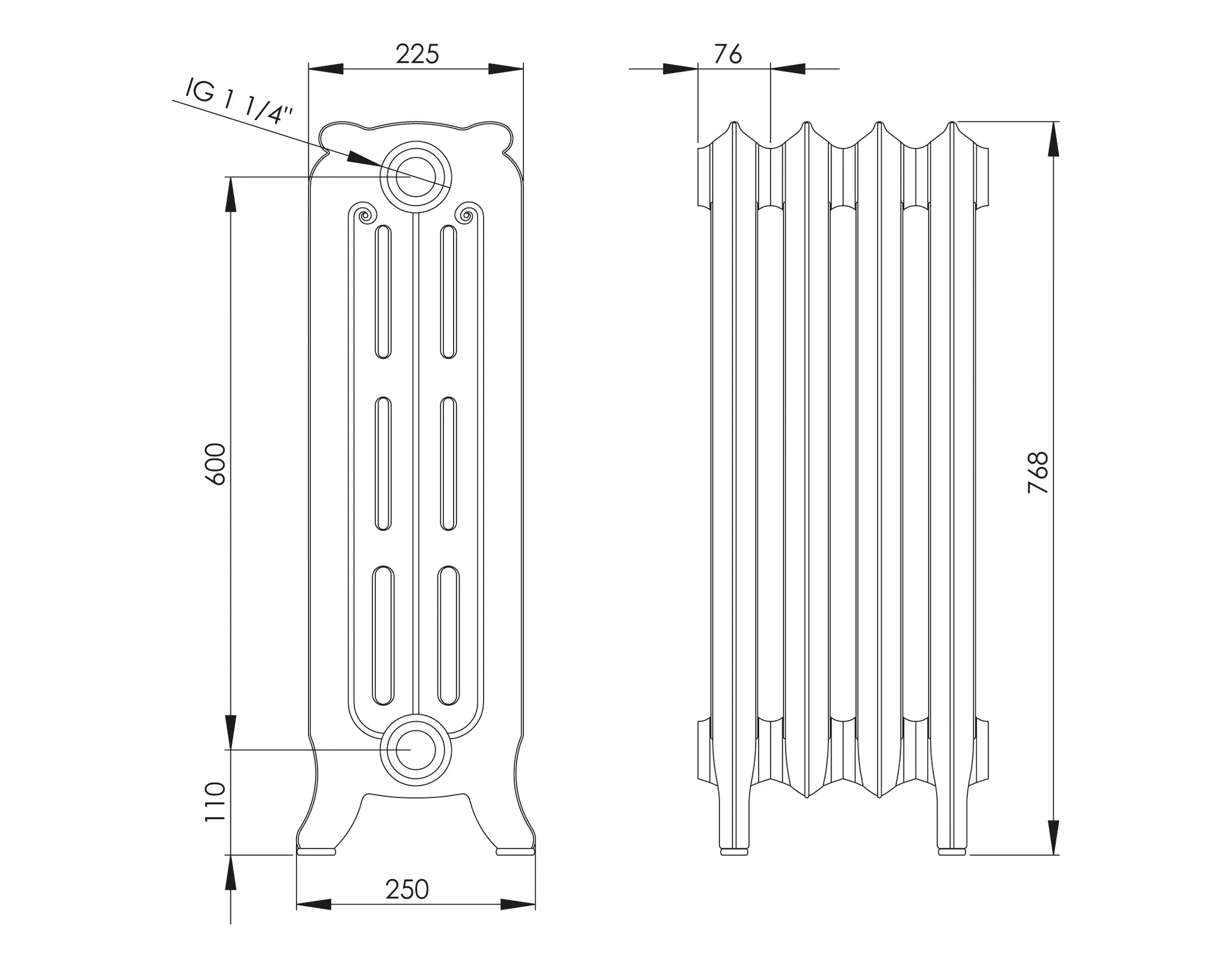 ASW Gussradiator 1 Glied Nabenabstand 600 mm „Oslo“ 7,6 × 76,8 × 22,5 cm