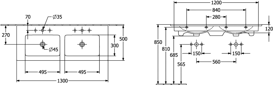 Villeroy & Boch Doppelwaschtisch „Venticello“ 1300 × 500 × 170 mm, für Becken mittig, mit Hahnlochbohrung, Hahnlochposition links und rechts in Weiß Alpin Villeroy & Boch Doppelwaschtisch „Venticello“ 1300 × 500 × 170 mm, für Becken mittig, mit Hahnlochbohrung, Hahnlochposition links und rechts in Weiß Alpin