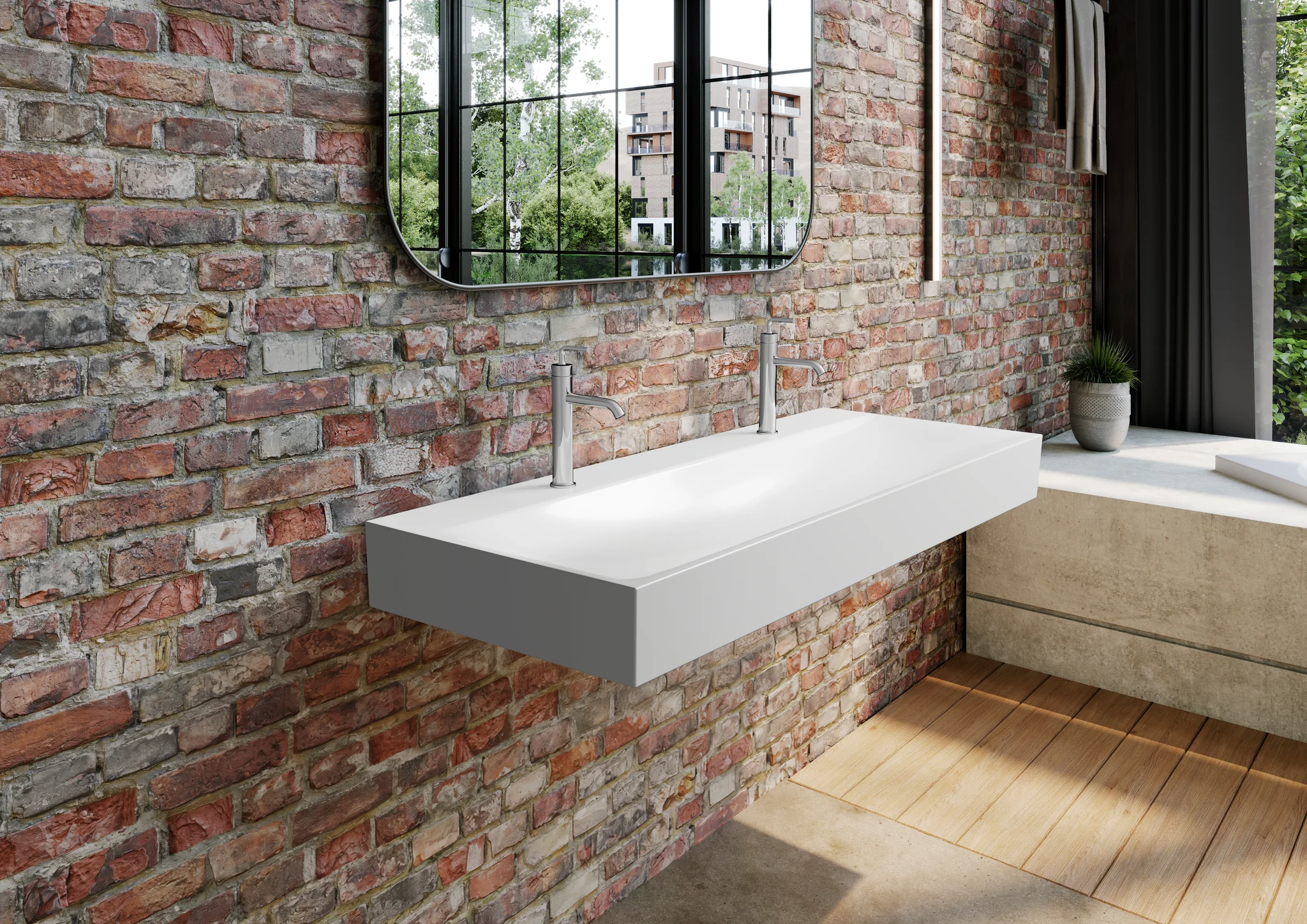 Kaldewei SILENIO Wand-Doppelwaschtisch, schwarz matt 100, 1200x460 mm, 120 mm Randhöhe, mit Überlauf und 2x1er Hahnlochbohrung