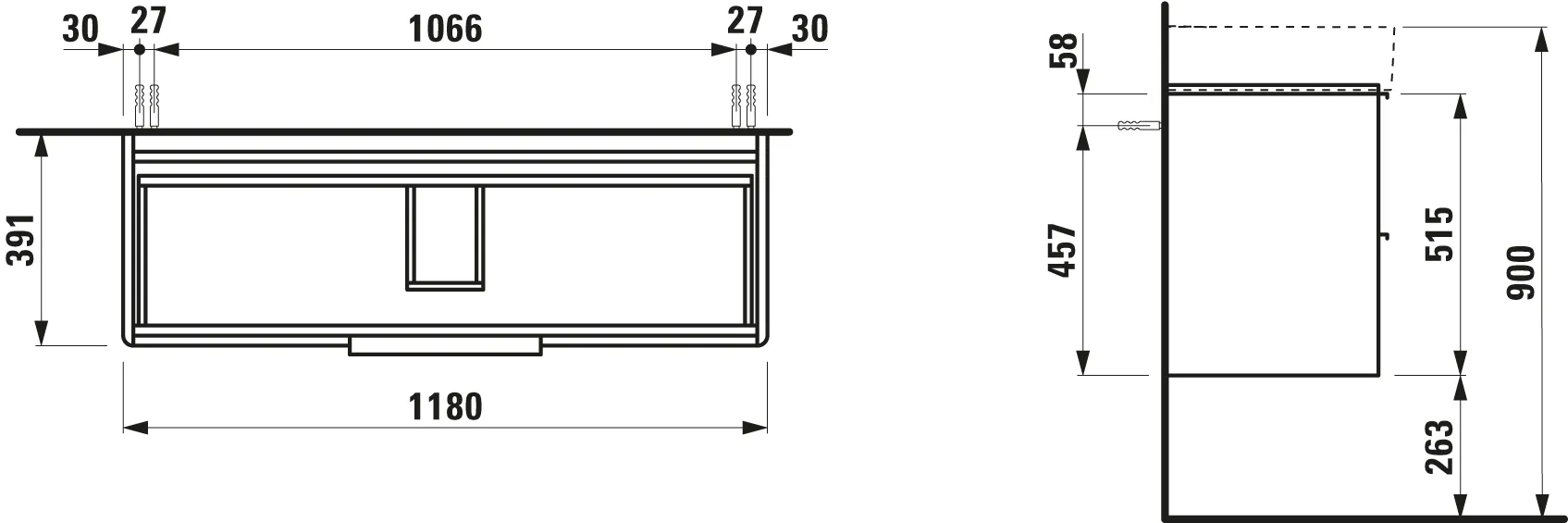 Waschtischunterbau BASE für VAL 391x1180x515 2 Schubladen mit Griff aluminium eloxiert für Waschtisch H810289 weiß matt