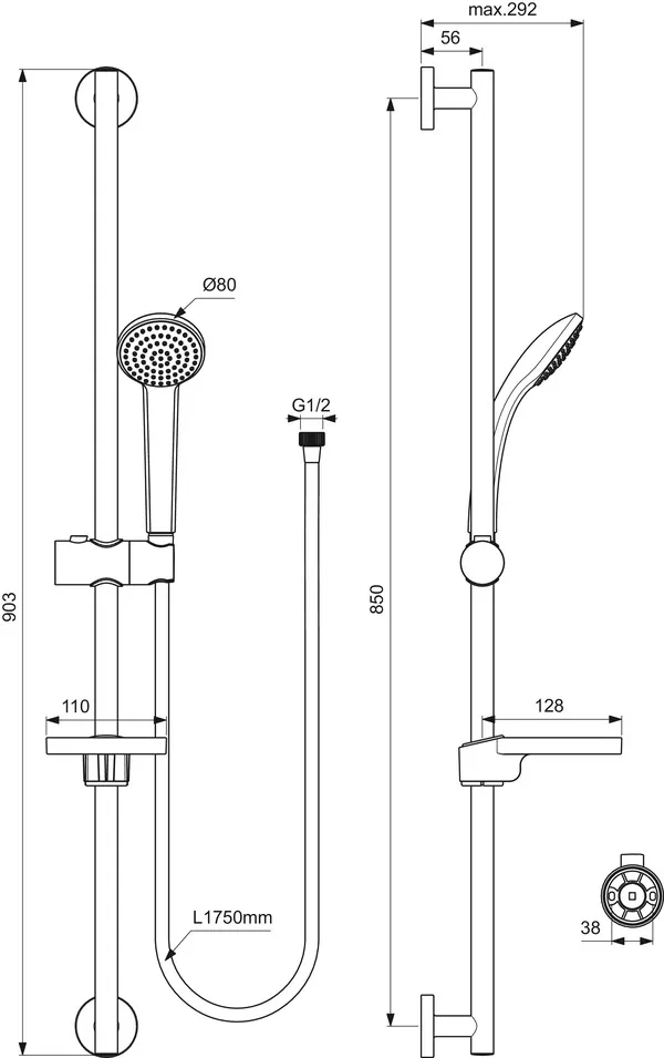 Brausekombination Idealrain 900mm 1-Funktionshandbrause Durchmesser:80mm Chrom