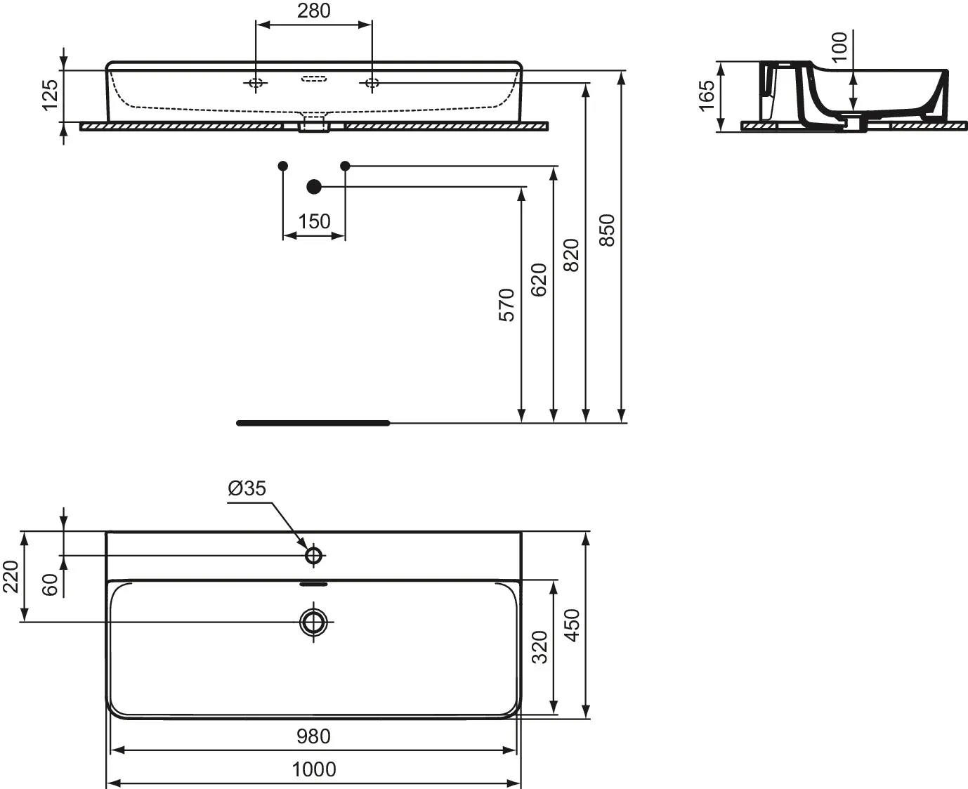 Waschbecken „Conca“ 100 × 45 × 16,5 cm, Hahnlochposition mittig in Seidenweiß