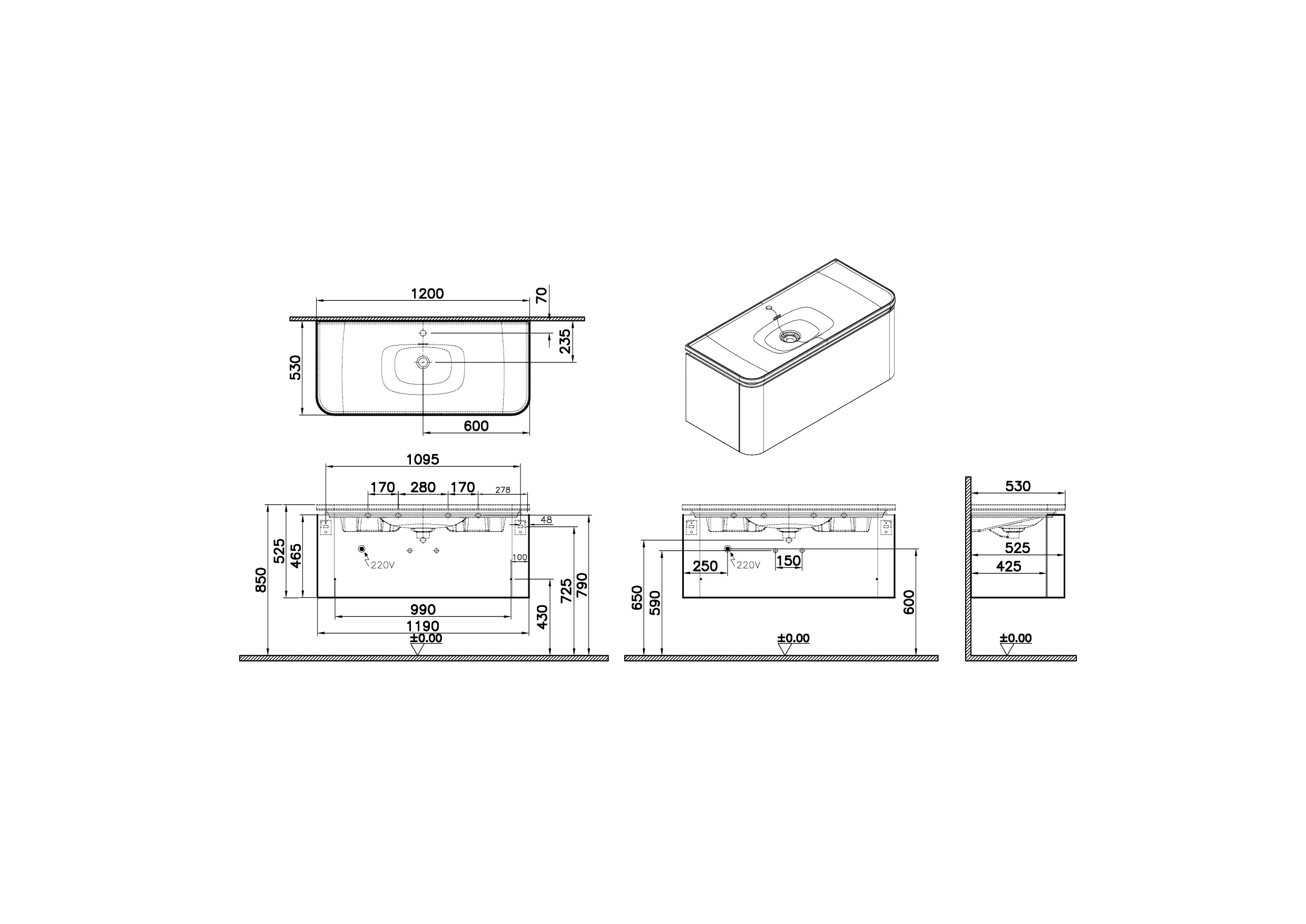 Glora Set Möbelwaschtisch + Waschtischunterschrank mit LED-Ambientebeleuchtung 120 x 53 x 52 cm (BxTxH) Wandmontage Weiß Hochglanz + Taupe Matt