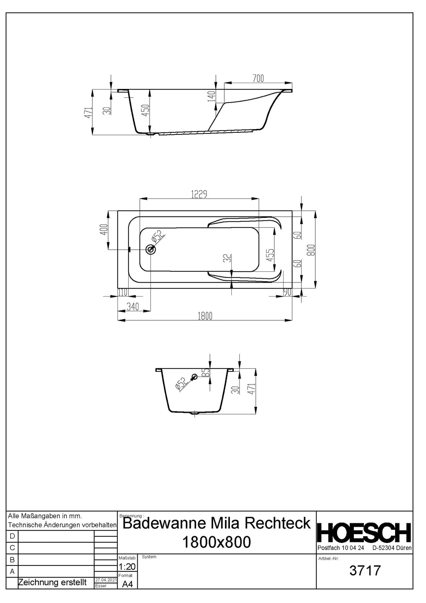 Hoesch Badewanne „Mila“ rechteck 180 × 80 cm