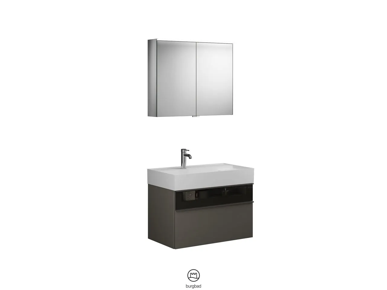 Burgbad Yumo Badmöbelset, Spiegelschrank mit Mineralguss-Waschtisch und -Unterschrank, Breite 815 mm, Tiefe 470 mm