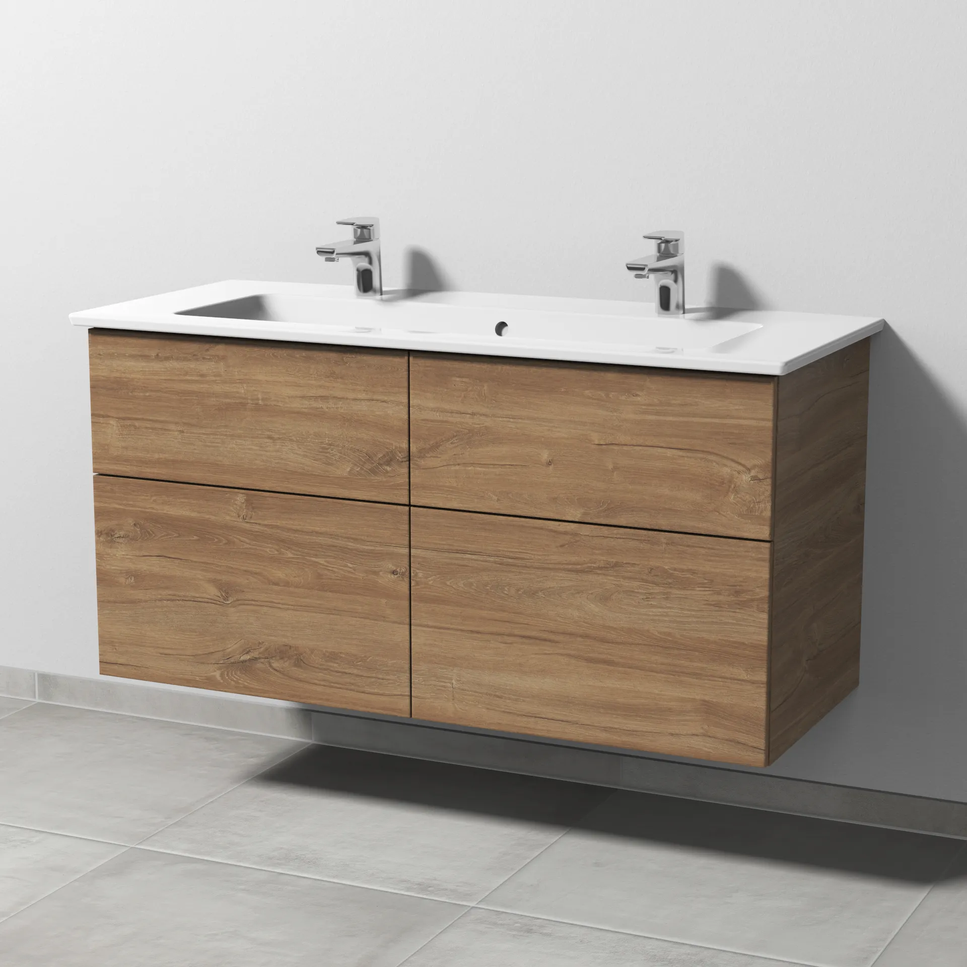 Keramik-Waschtisch-Set mit Waschtischunterschrank „3way“ 115,5 × 47,7 × 59,1 cm in Eiche Kansas, mit Hahnlochbohrung, Becken mittig