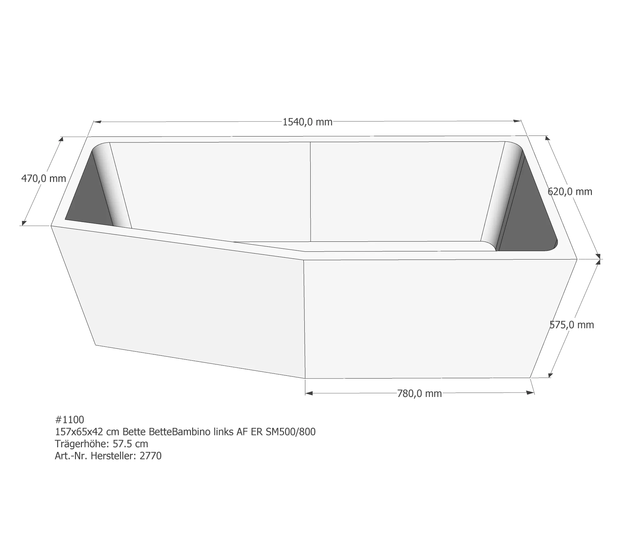 Badewannenträger für Bette Bambino links links 157 × 65 × 42 cm