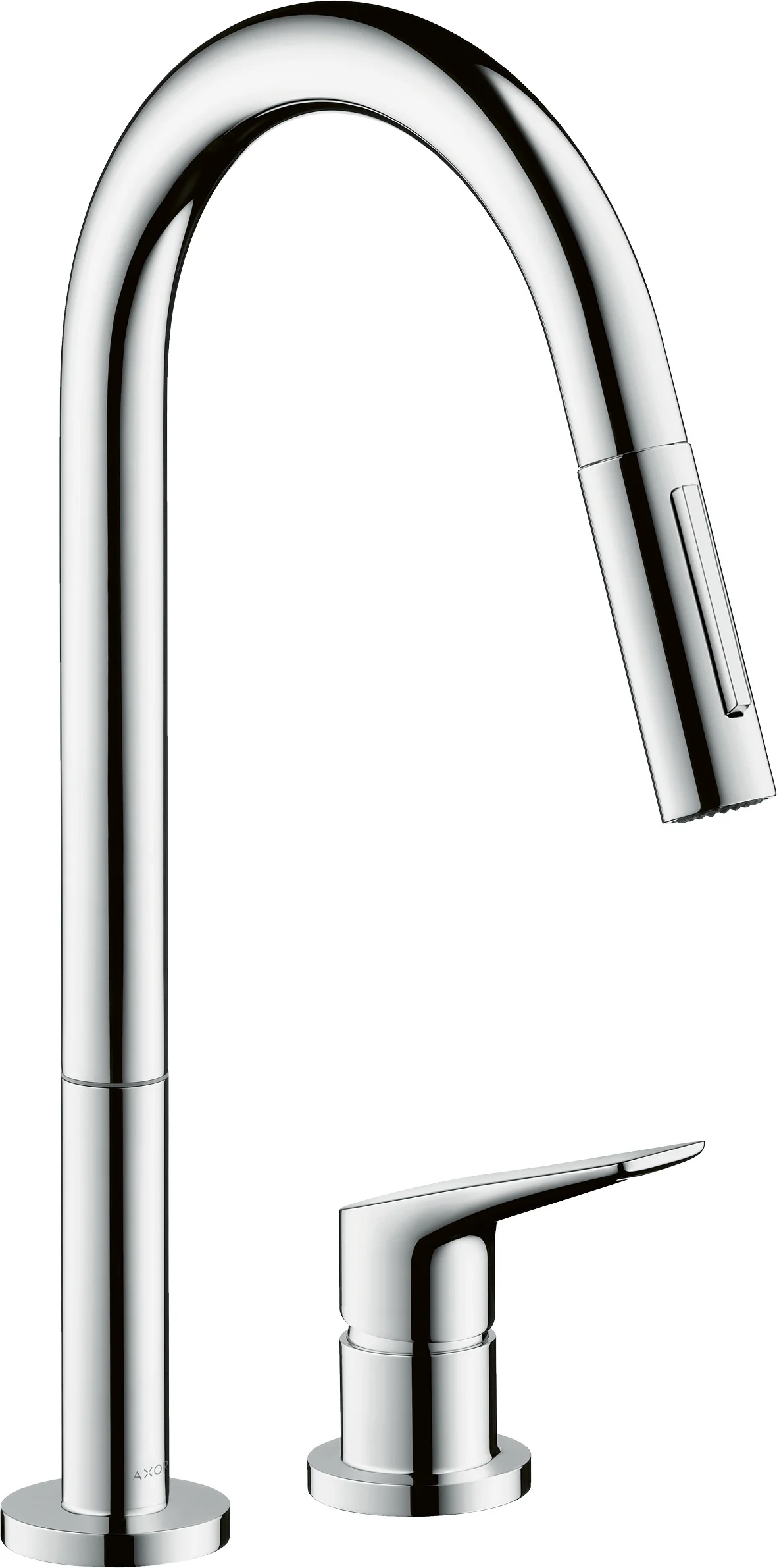 Hansgrohe AXOR Citterio M 2-Loch Küchenmischer Chrom mit Ausziehbrause, ComfortZone 220, Schwenkbereich 110° oder 150°, Laminarstrahl, MagFit Brausehalterung, Quick-Connect Schlauch, max. Durchfluss 9 l/min, Keramikmischsystem, Temperaturbegrenzung, Rück