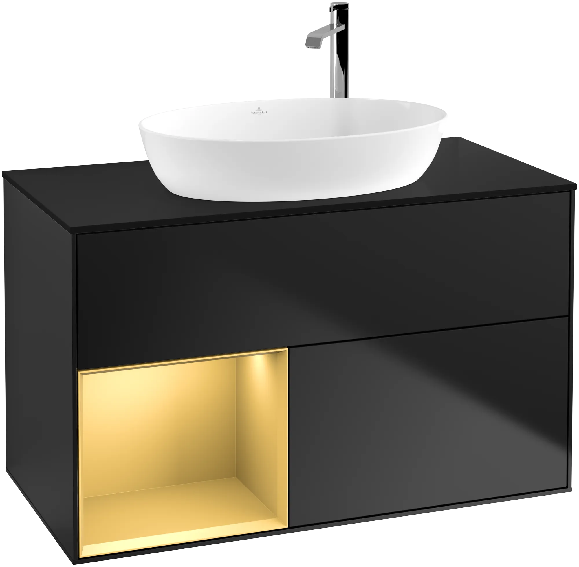 Villeroy & Boch Waschbeckenunterschrank Finion F89, 1000x603x501 mm, Black Matt Lacquer mit Gold Regal, Beleuchtung dimmbar, Push-to-open, SoftClosing Villeroy & Boch Waschbeckenunterschrank Finion F89, 1000x603x501 mm, Black Matt Lacquer mit Gold Regal, Beleuchtung dimmbar, Push-to-open, SoftClosing