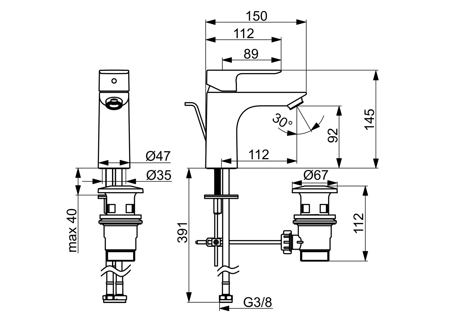 HansaBASIC EHM Waschtischbatterie HansaBASIC XL 5550 Ablaufgarnitur mit Zugstange Ausladung 112 mm DN15 Chrom