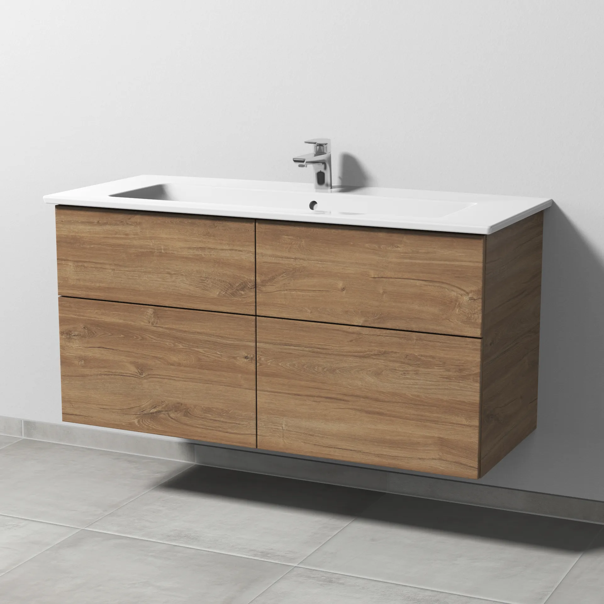 Keramik-Waschtisch-Set mit Waschtischunterschrank „3way“ 115,5 × 47,7 × 59,1 cm in Eiche Kansas, mit Hahnlochbohrung, Becken mittig Keramik-Waschtisch-Set mit Waschtischunterschrank „3way“ 115,5 × 47,7 × 59,1 cm in Eiche Kansas, mit Hahnlochbohrung, Becken mittig