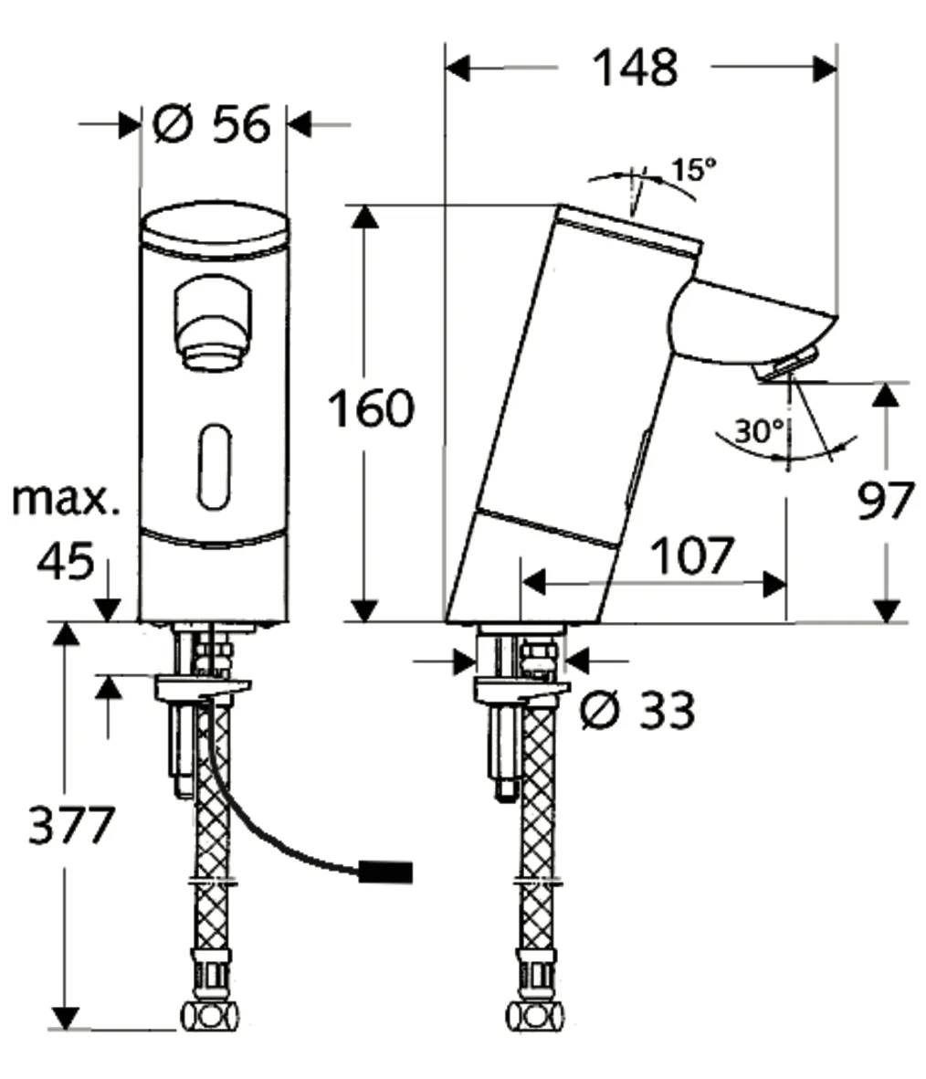 Waschtisch-Armatur PURIS E, Elektronisch, HD-K - Hochdruck Kaltwasser / vorgemischtes Wasser, Infrarot, Steckernetzteil 9 VDC, 100 - 240 VAC, 50 - 60 Hz, G 3/8 IG, chrom