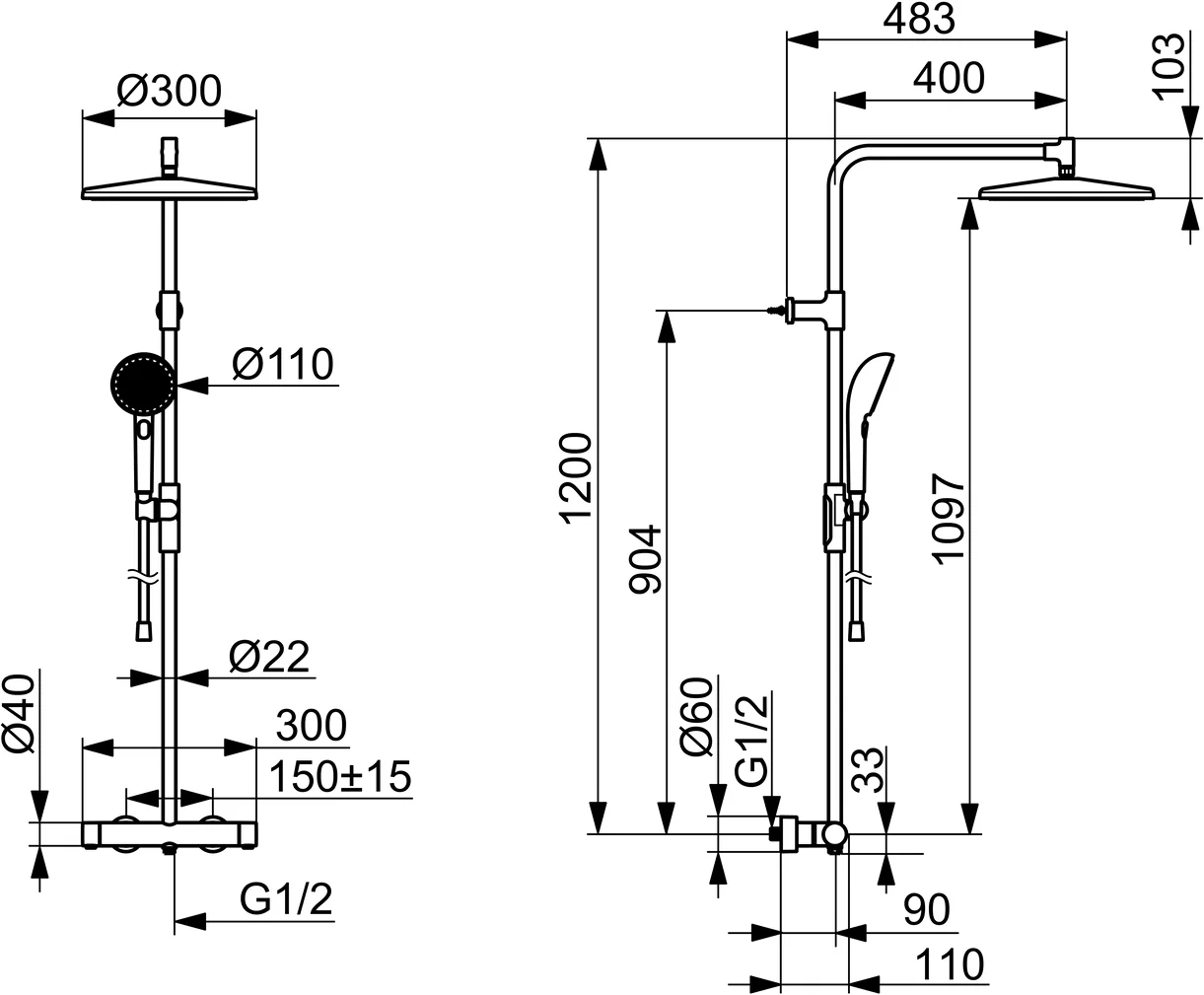 HansaAURELIA Regenbrause-Duscharmatur 4719 3-strahlig Matt-Schwarz