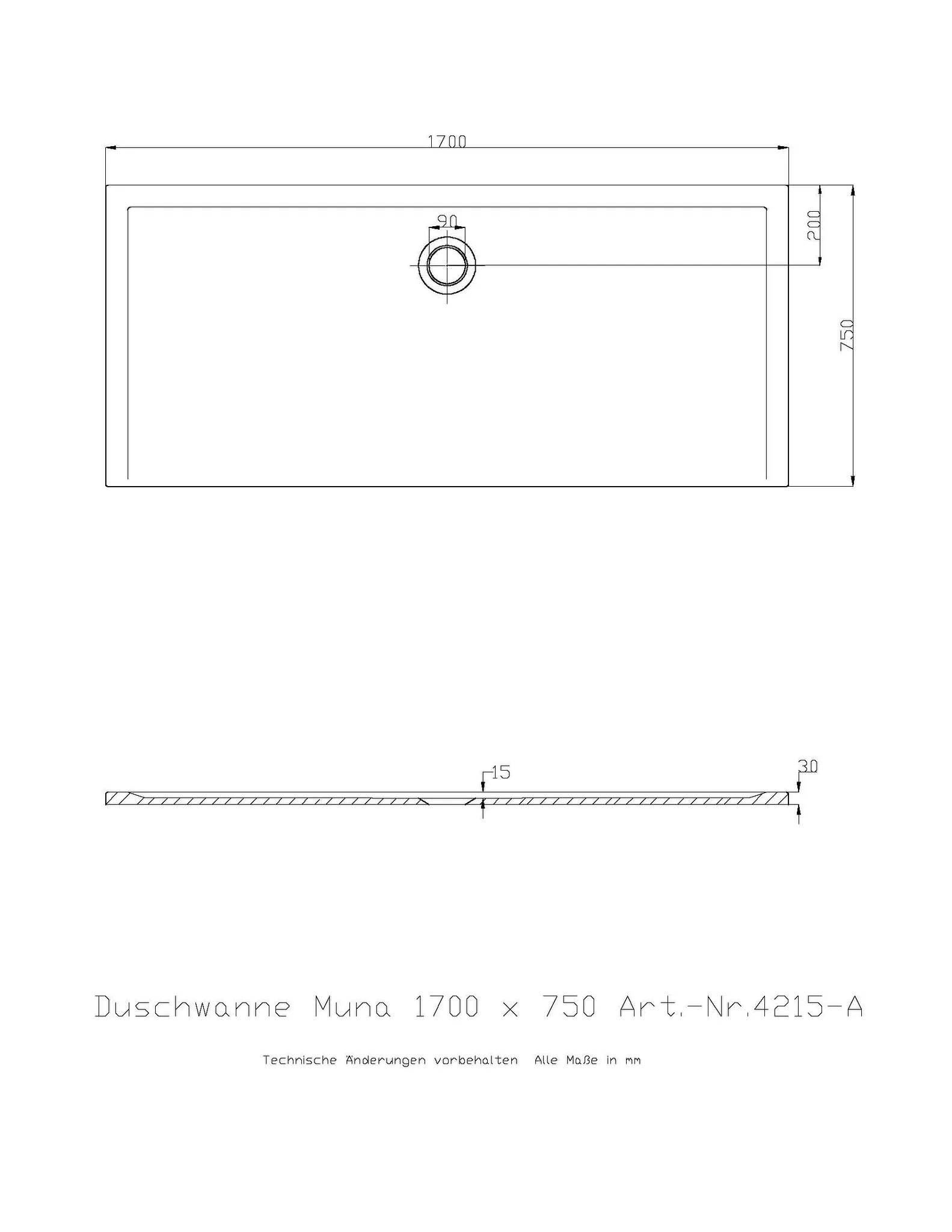 Duschwanne „Muna“ Rechteck 170 × 75 cm in Weiß