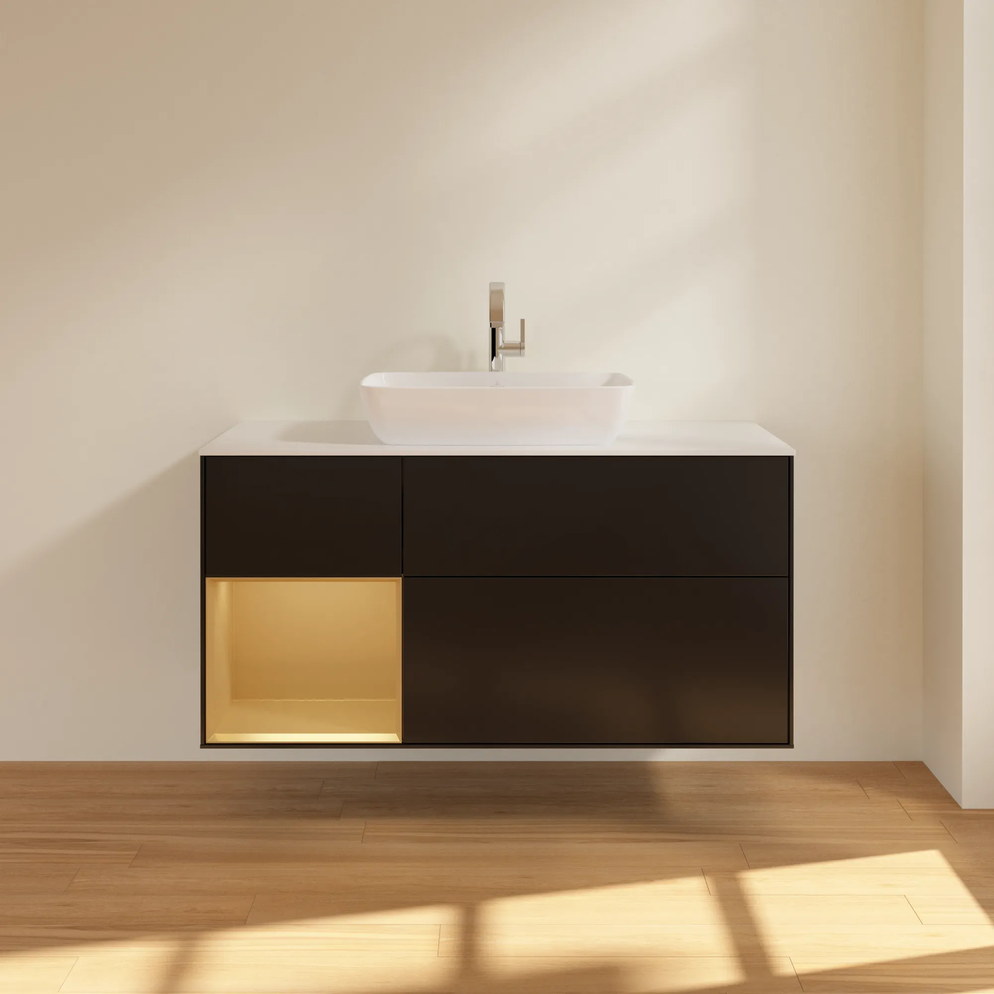 Villeroy & Boch Waschtischunterschrank „Finion“ für Schrankwaschtisch 1200 × 603 × 501 mm Black Matt Lacquer, für Becken mittig, mit Hahnlochbohrung