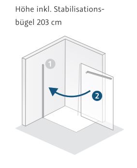 HSK Duschabtrennung Walk-In Glaselement Frontelement-Wandanschlussprofil für bauseitigen Einbau vorab inkl. Keder, Dichtschnur und Stabilisationsbügel „Walk In Pro“ Glas Klar hell, Profile Gunmetal gebürstet, H: 2000 mm