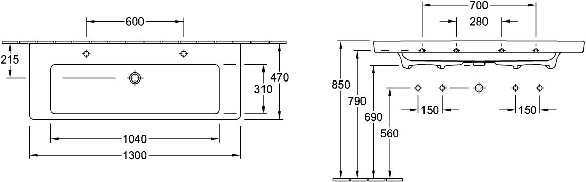 Wandwaschtisch „Subway 2.0“ 130 × 47 × 16 cm, mittig, Hahnlochposition links und rechts, mit Hahnlochbohrung Wandwaschtisch „Subway 2.0“ 130 × 47 × 16 cm, mittig, Hahnlochposition links und rechts, mit Hahnlochbohrung