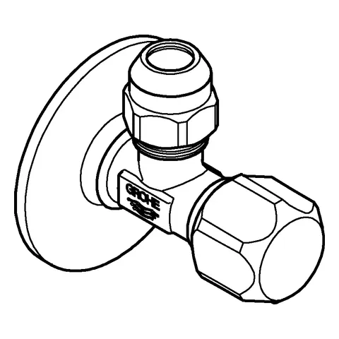 Eckventil 22023, Wandanschluss 1/2'', Abgang 3/8'', selbstdichtendes Anschlussgewinde, Quetschverschraubung Ø 10 mm, Schubrosette aus Metall Eckventil 22023, Wandanschluss 1/2'', Abgang 3/8'', selbstdichtendes Anschlussgewinde, Quetschverschraubung Ø 10 mm, Schubrosette aus Metall