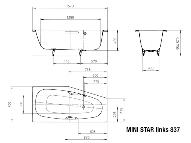 Kaldewei MINI STAR LINKS Badewanne, 1570x700 mm, alpinweiß, Invisible Grip
