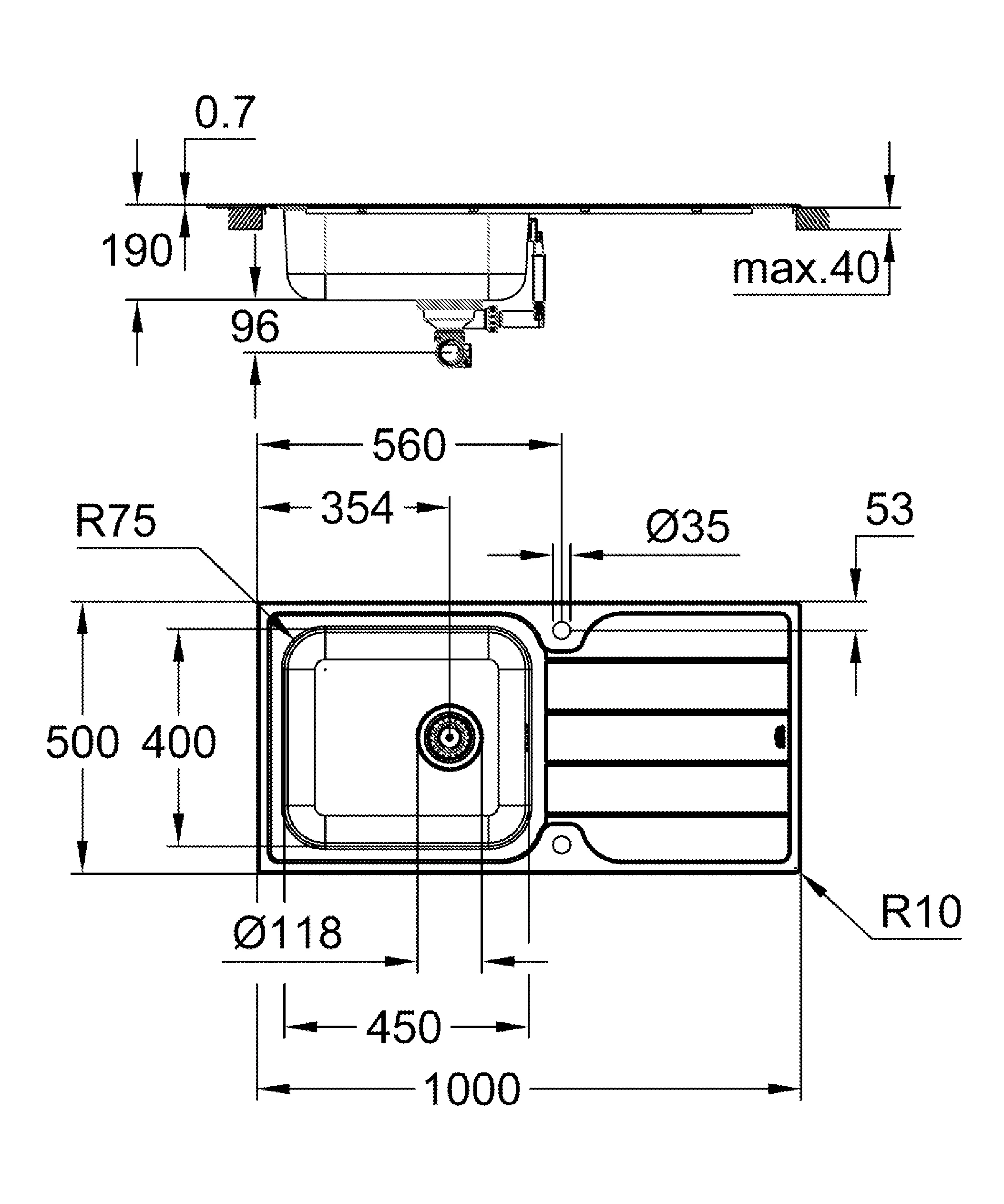 Edelstahlspüle K500 31563_1, mit Abtropffläche, Modell: K500 60-S 100/50 1.0 rev, Montageart: aufliegend oder flächenbündig, Maße: 1000 x 500 mm, 1 Becken: 450 x 400 x 180 mm, edelstahl