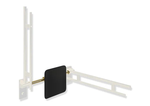 HEWI Rückensstütze System 900, PVD Gold glänzend, 330 mm hoch, 150 mm tief, Achsmaß 588–688 mm verstellbar, Montage an Stützklappgriffen, Design (A), Edelstahl-Anbindung, schwarze Lehne HEWI Rückensstütze System 900, PVD Gold glänzend, 330 mm hoch, 150 mm tief, Achsmaß 588–688 mm verstellbar, Montage an Stützklappgriffen, Design (A), Edelstahl-Anbindung, schwarze Lehne