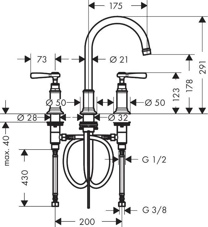 Hansgrohe AXOR Montreux 3-Loch Waschtischarmatur 180 mit Hebelgriffen und Zugstangen-Ablaufgarnitur, Chrom Hansgrohe AXOR Montreux 3-Loch Waschtischarmatur 180 mit Hebelgriffen und Zugstangen-Ablaufgarnitur, Chrom