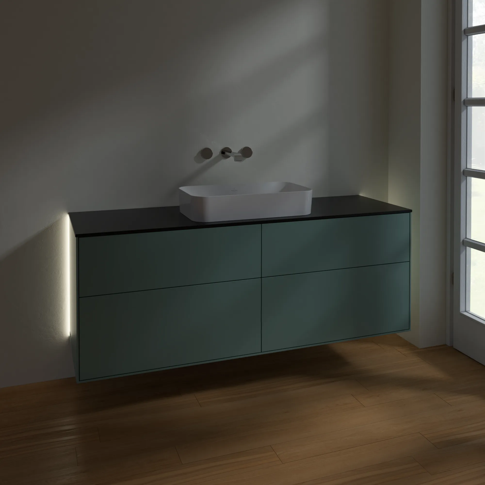 Villeroy & Boch Waschtischunterschrank „Finion“ für Schrankwaschtisch 1600 × 603 × 501 mm Olive Matt Lacquer, ohne Hahnlochbohrung, für Becken mittig