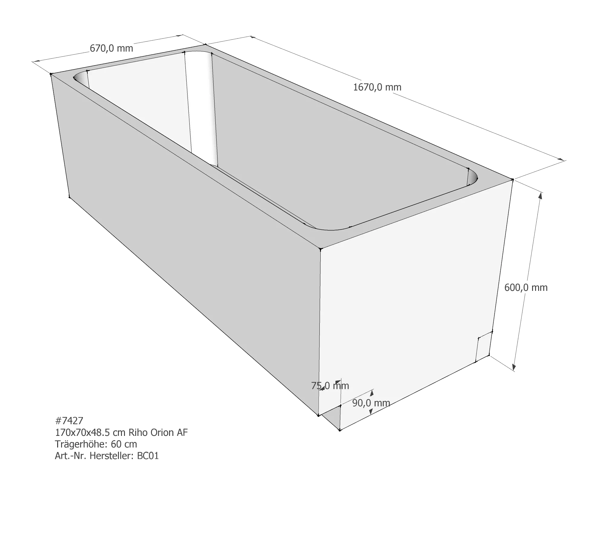 Badewannenträger für Riho 170 × 70 × 48,5 cm