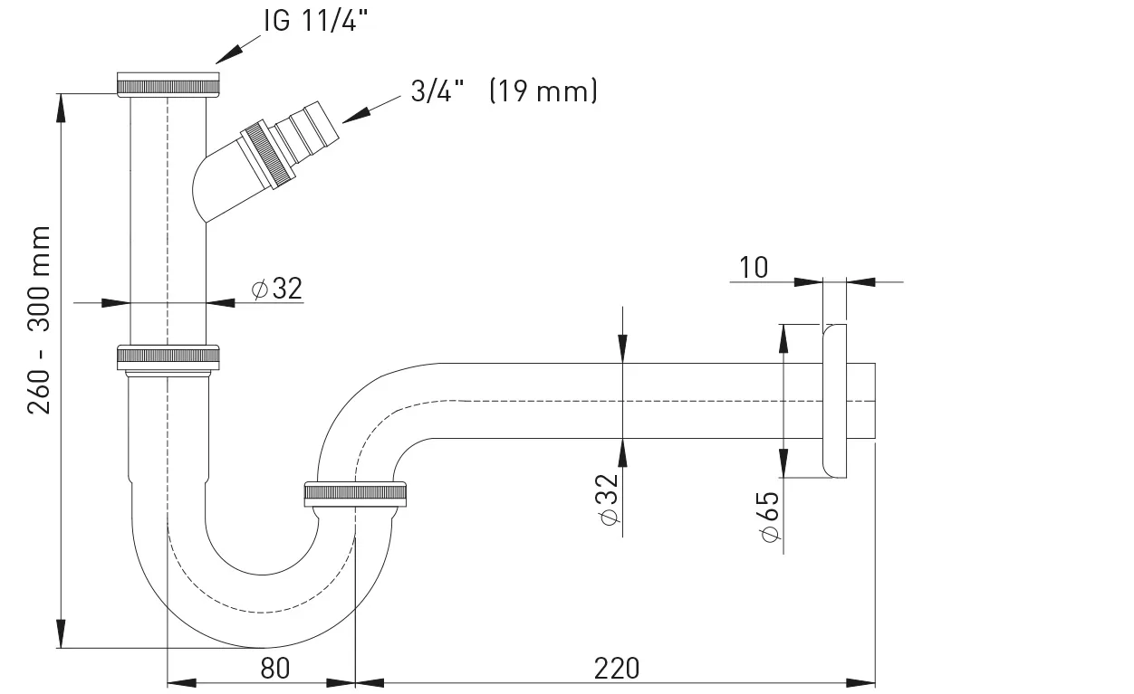 Röhrengeruchverschluss ″WAS″ 11/4″x32 mm zum Anschluss von Wasch- u Spülmaschinen