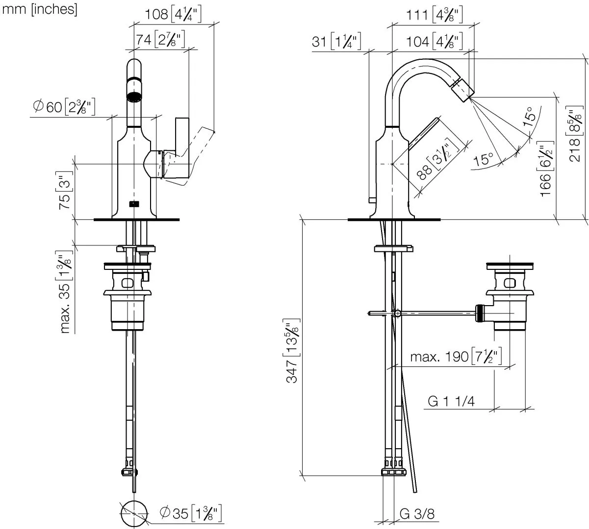 Dornbracht Bidet-Einhandbatterie VAIA Dark Bronze gebürstet PVD, Ausladung 104 mm, Armaturenhöhe 218 mm, Bohrungsdurchmesser 35 mm