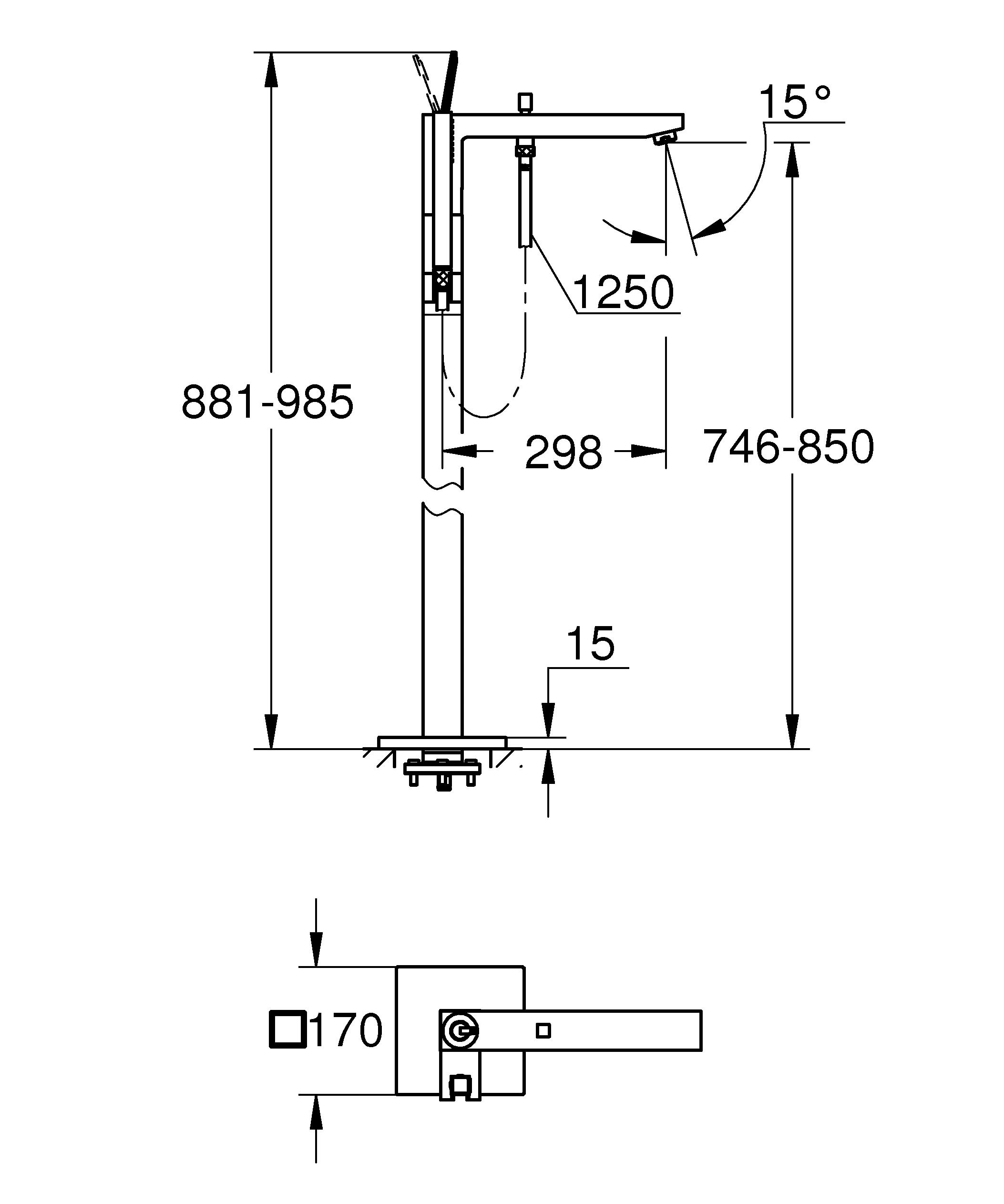 Einhand-Wannenbatterie Eurocube Joy 23667_1, Bodenmontage, Fertigmontageset für 45 984, mit Handbrause und Brauseschlauch, eigensicher, chrom