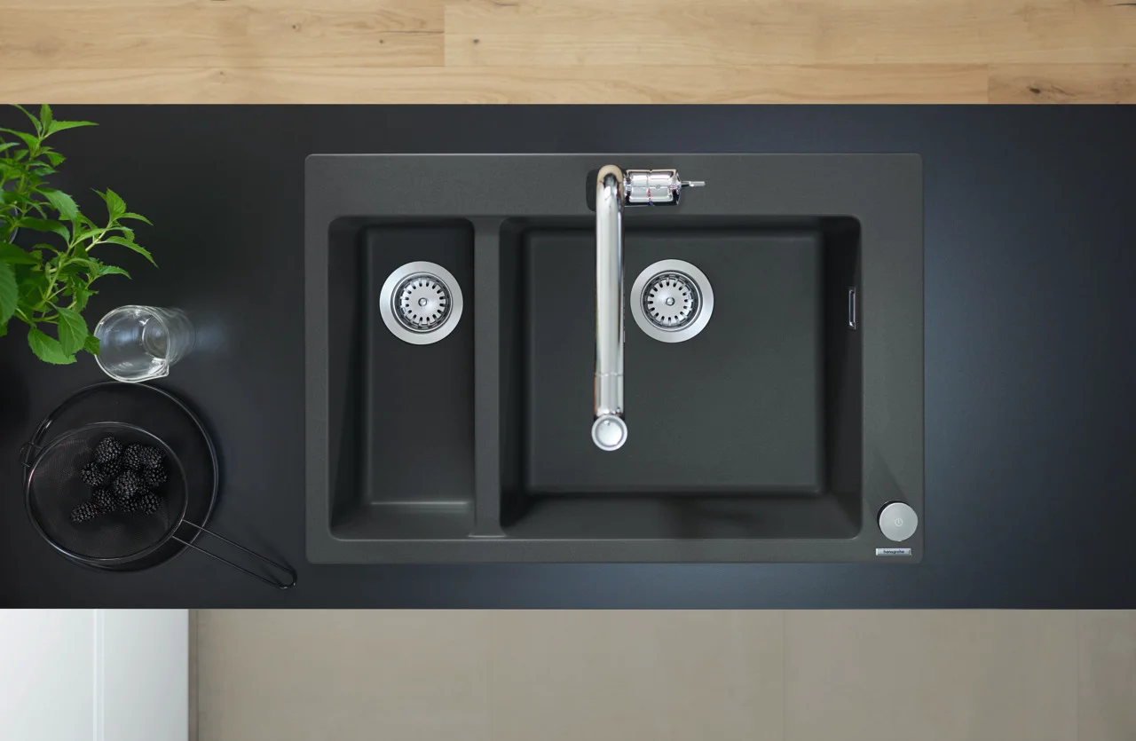 Hansgrohe Einbauspüle S51 Serie, Graphitschwarz, 750 x 490 mm Ausschnitt, Aufbau, 80 cm Unterschrank, 1 Hauptbecken + 1 Zusatzbecken
