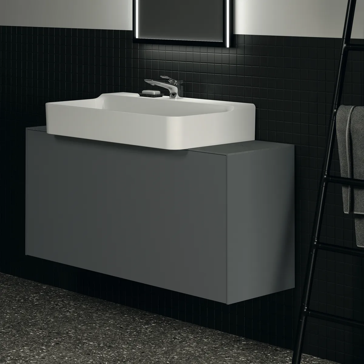 Waschtischplatte Conca, aus Keramik, 1202x373x6mm, Marmor Noir Desir