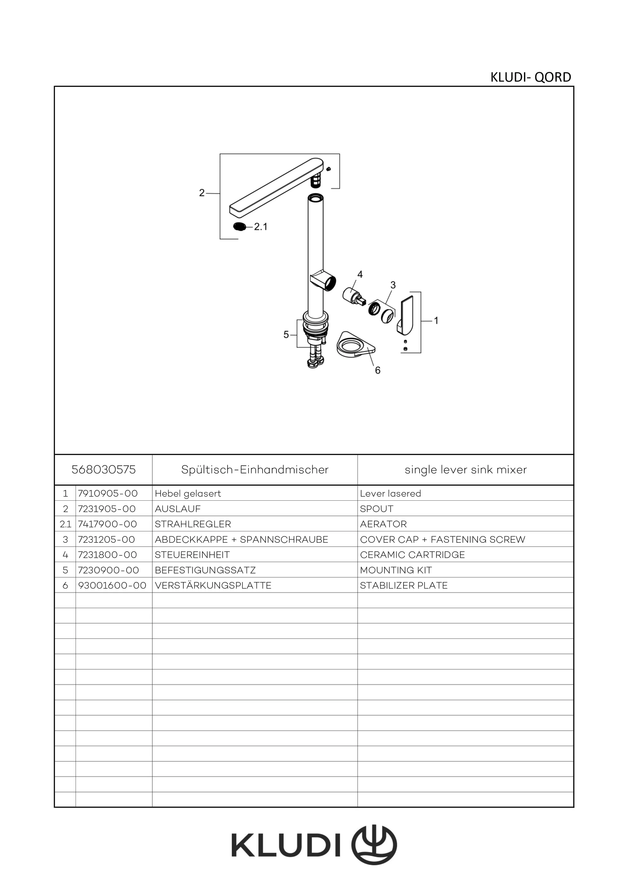 Kludi-QORD Spültisch-Einhandmischer seitliche Bedienung Chrom DN 15, 1-Loch Montage, geschlossener Metallhebel, schwenkbarer Auslauf 360°, DVGW-zugelassen