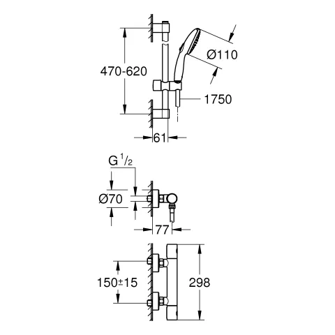 Thermostat-Brausebatterie Grohtherm 800 Cosmopolitan 34768_1, mit Tempesta Brausestangenset 600mm, 2 Strahlarten: Rain/Jet, chrom Thermostat-Brausebatterie Grohtherm 800 Cosmopolitan 34768_1, mit Tempesta Brausestangenset 600mm, 2 Strahlarten: Rain/Jet, chrom