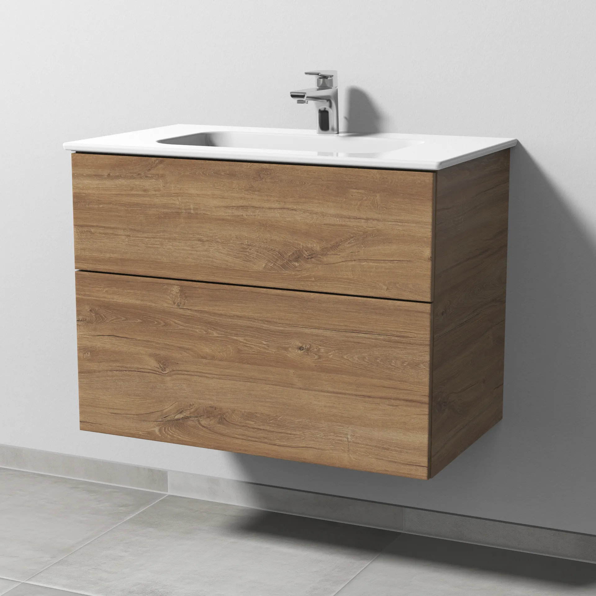 Keramik-Waschtisch-Set mit Waschtischunterschrank „3way“ 77 × 46 × 58,2 cm in Eiche Kansas, mit Hahnlochbohrung, Becken mittig Keramik-Waschtisch-Set mit Waschtischunterschrank „3way“ 77 × 46 × 58,2 cm in Eiche Kansas, mit Hahnlochbohrung, Becken mittig