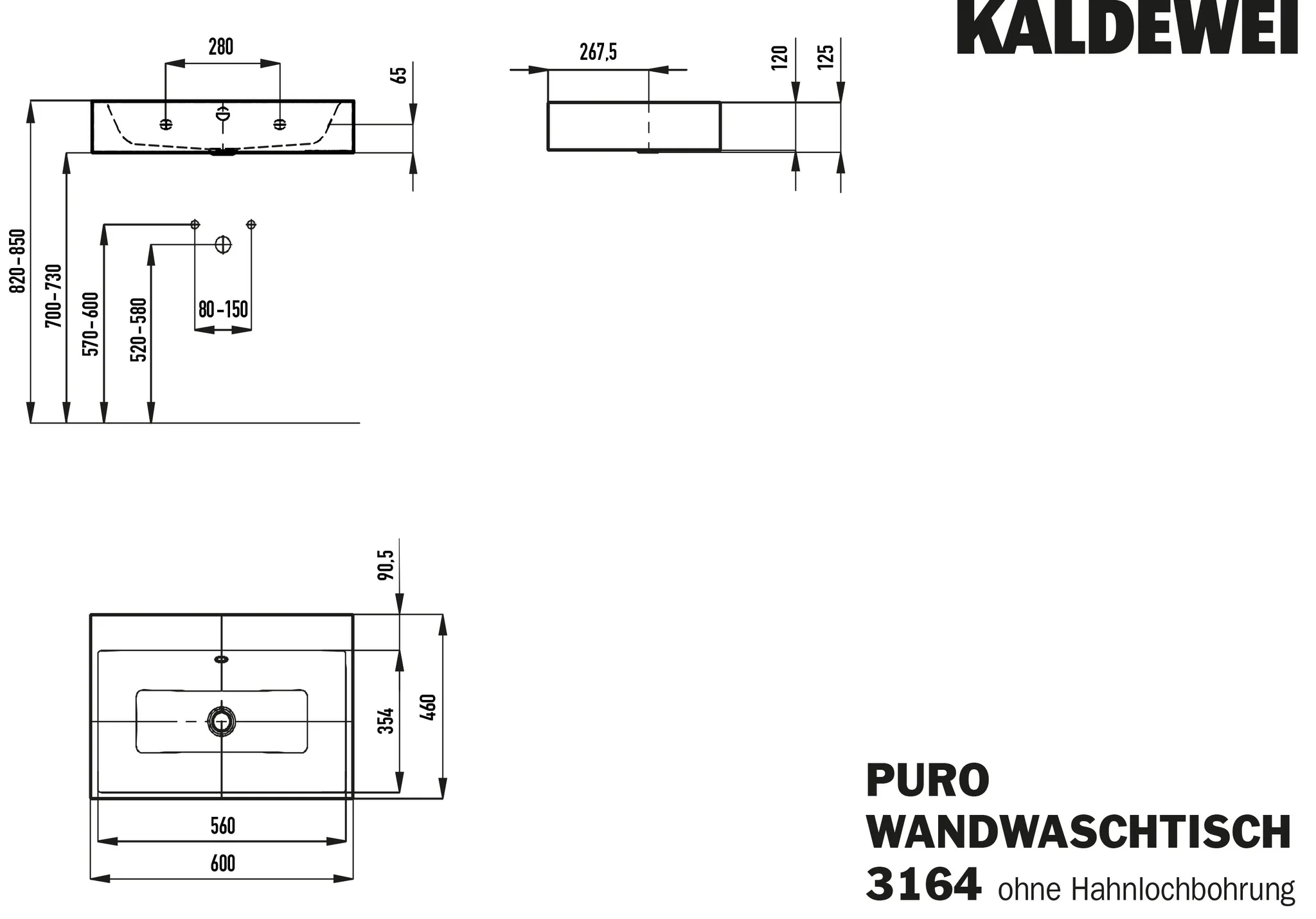 Kaldewei PURO Wandwaschtisch, 600x460 mm, warm grey 10, Perl-Effekt, Antidröhn mit Überlauf, Sichtteile schwarz matt 100