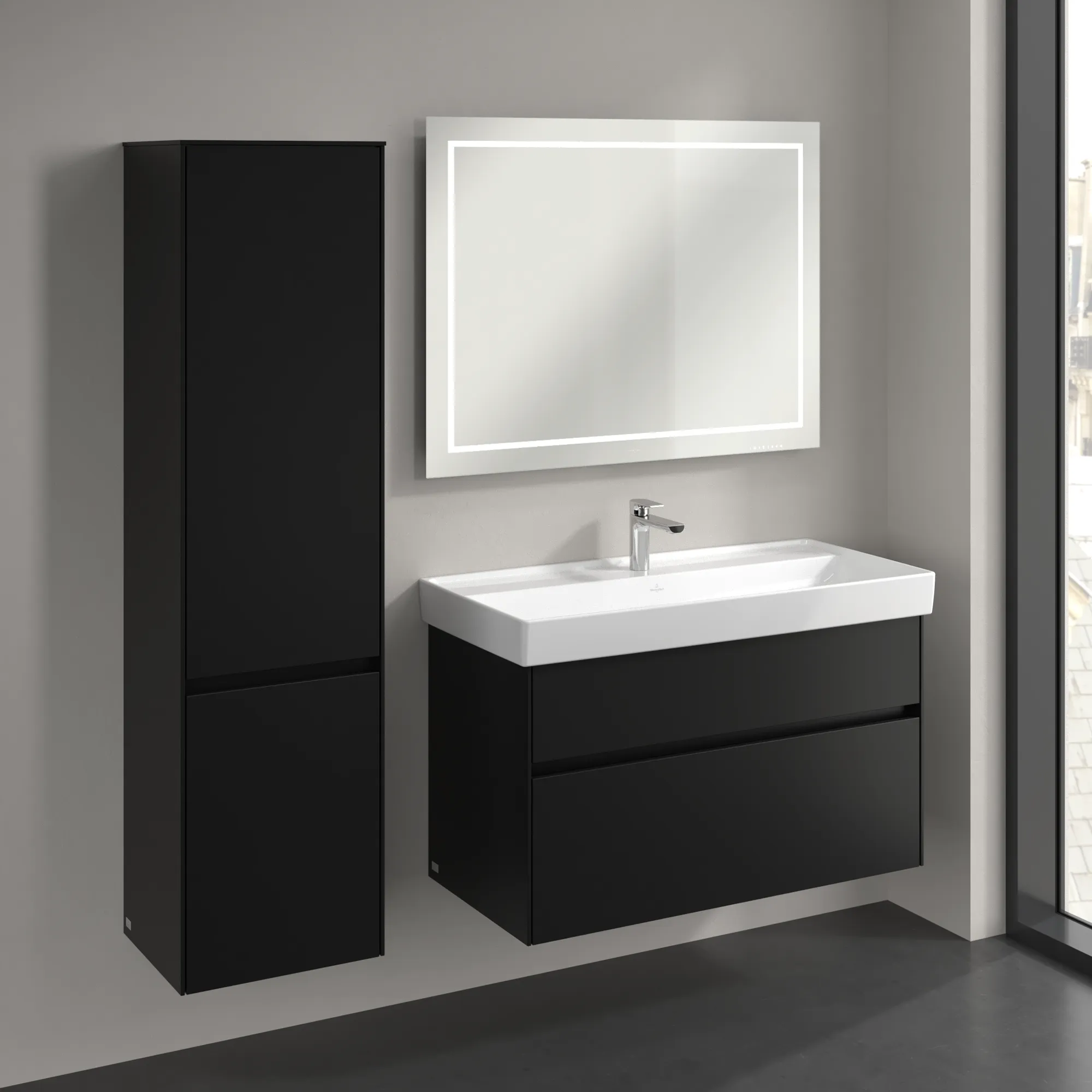 Villeroy & Boch Hochschrank Collaro C03300, Eckig, Volcano Black, 404 x 1538 x 349 mm, 2 Türen, SoftClosing, Aluminiumgriffe