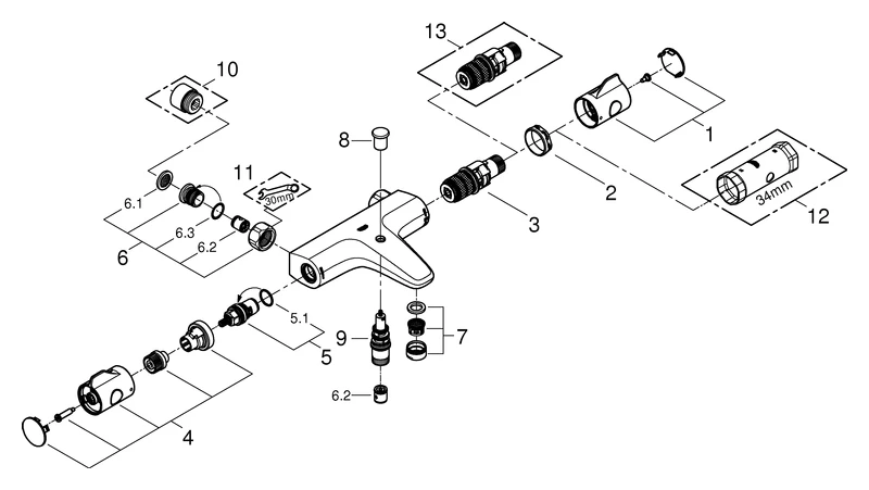 Thermostat-Wannenbatterie Grohtherm 800 34568, Wandmontage, ohne Anschlüsse, eigensicher, chrom