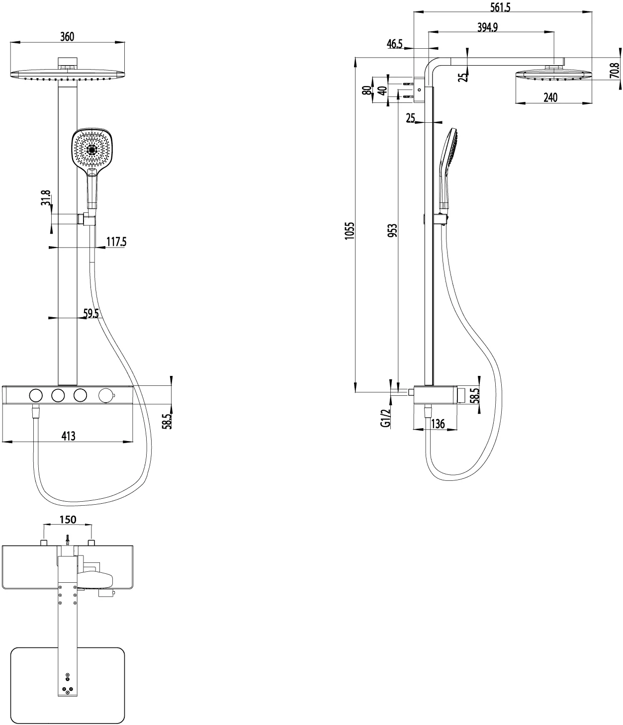 Villeroy & Boch Infinity Showers Duschsystem mit drei Funktionen, Eckig, Wandmontage, 413x1108x561mm, Chrom