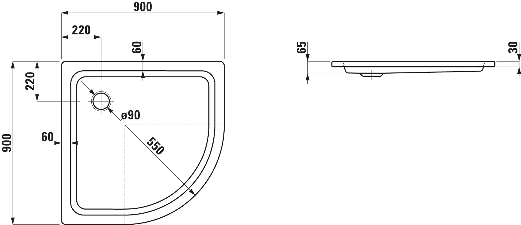 Duschwanne Viertelkreis PLATINA 900x900x65 aus Stahl Ablauf seitlich inklusive Schallschutz weiß