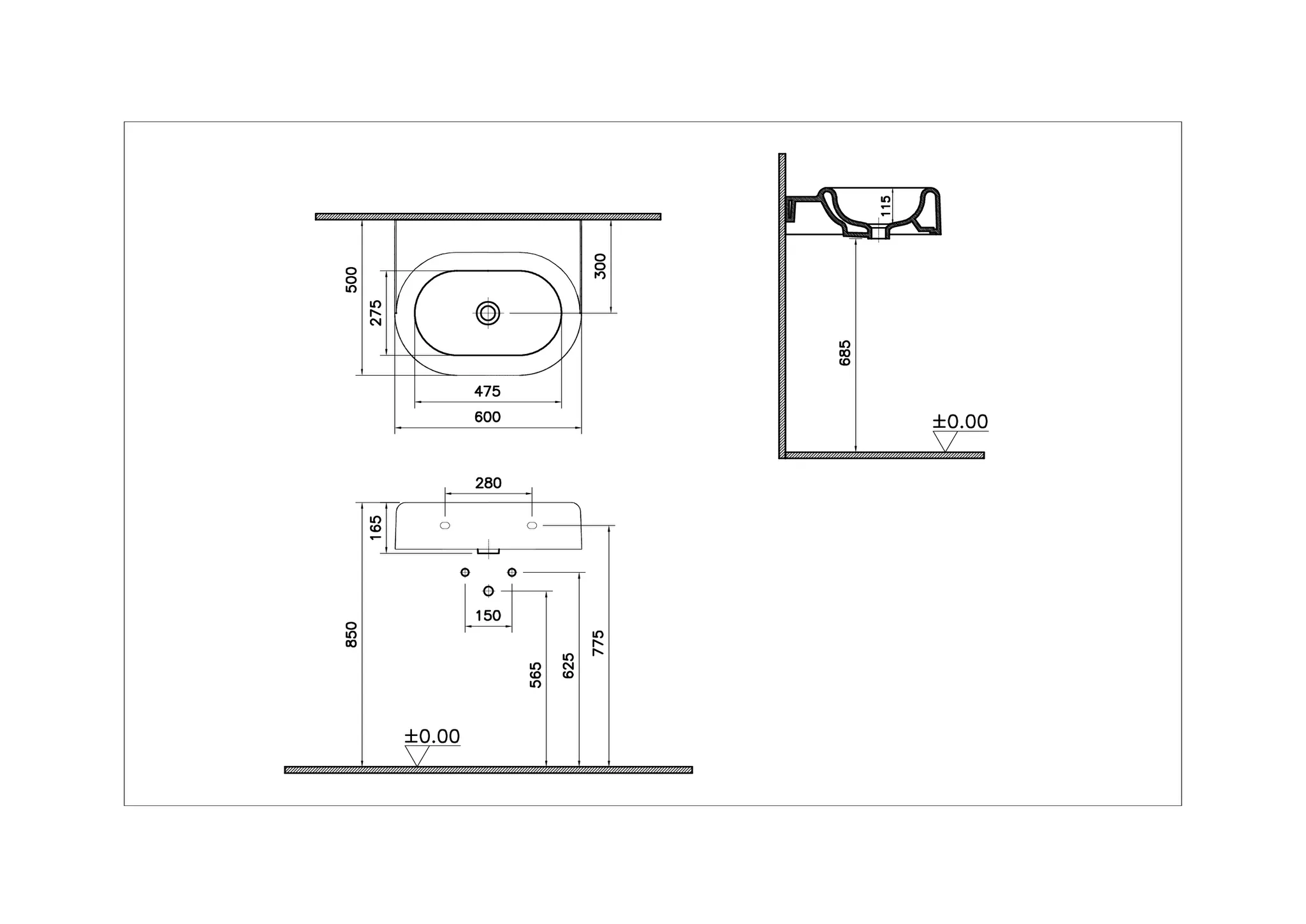 VitrA Liquid Waschtisch 60 cm Wandmontage, oval-länglich, 475 x 275 mm Innenbecken, 115 mm Höhe, weiß Hochglanz mit VitrA Clean-Oberfläche