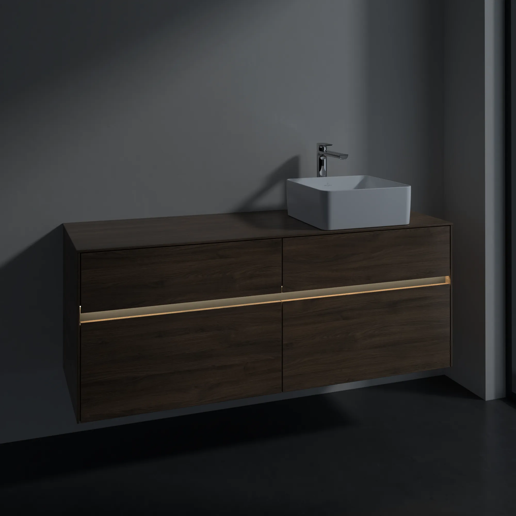 Villeroy & Boch Waschbeckenunterschrank Collaro Arizona Oak, 1400x548x500 mm, mit Beleuchtung und SoftClosing, Eckig